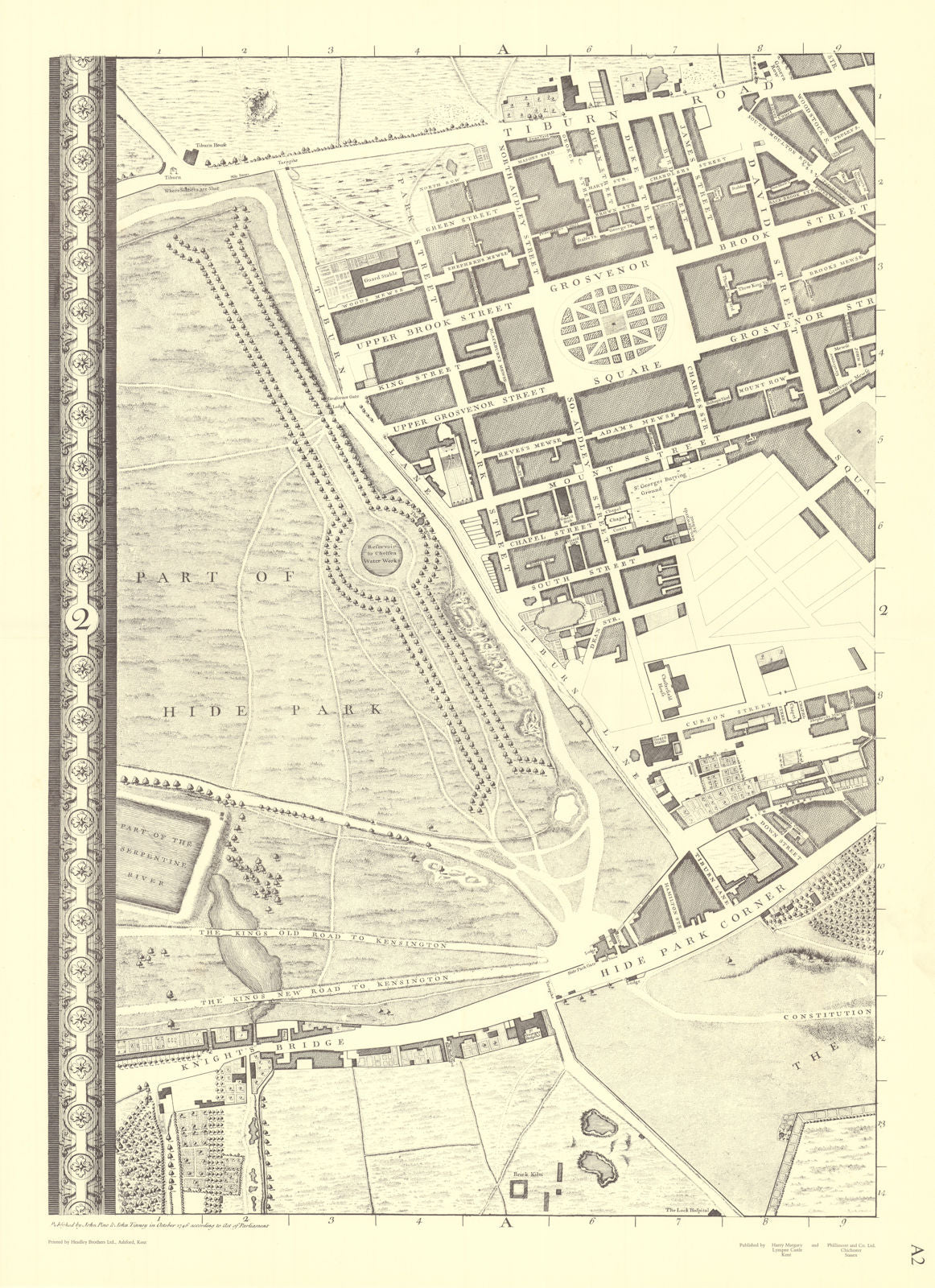 Mayfair, Hyde Park, Knightsbridge, Belgravia. A2. After ROCQUE 1971 (1746) map